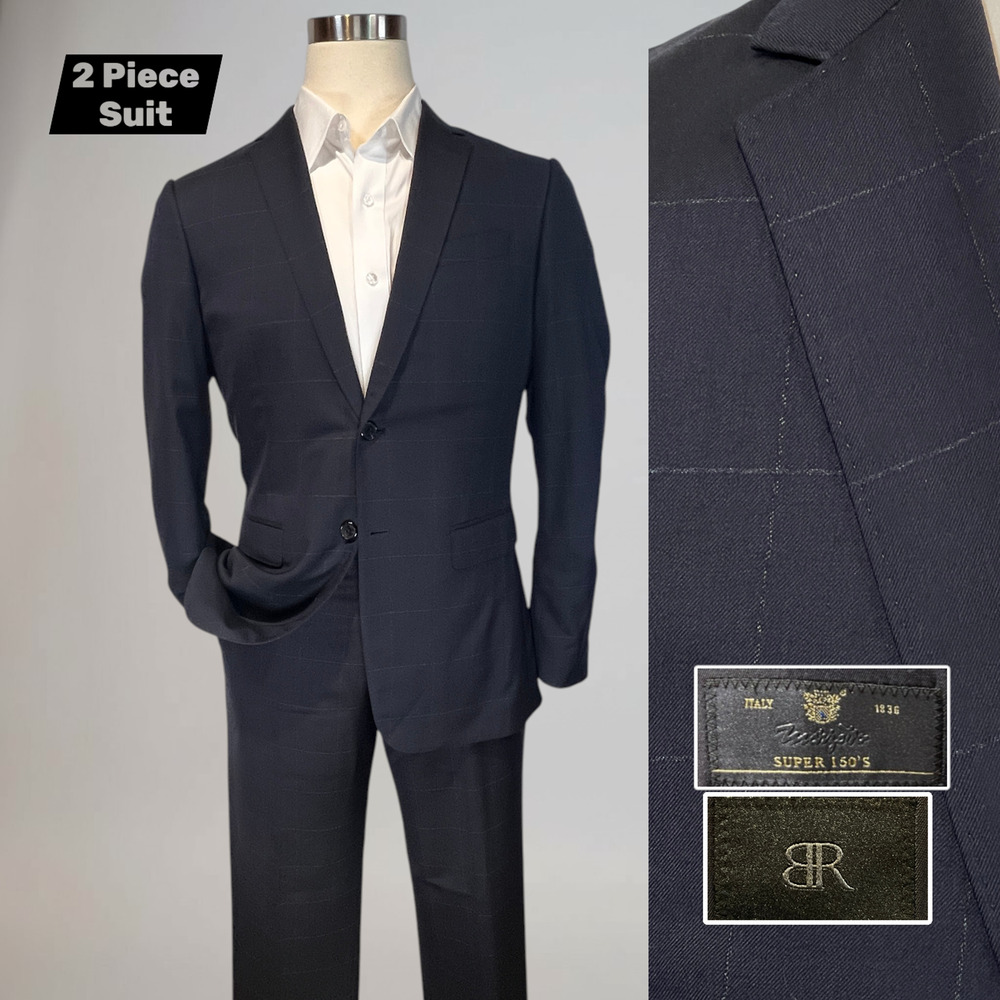 Banana Republic Suit 40L 36x32 Slim Modern Blue Plaid Italian Marzotto Wool